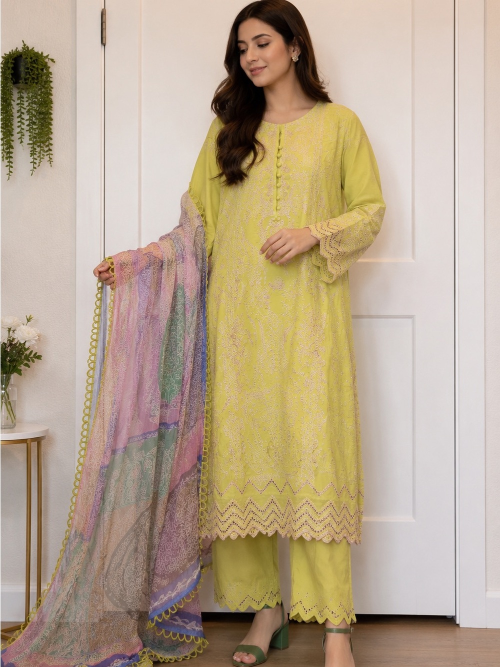 Women’s Lime Embroidered Kurta Bottom Set with Multicolor Dupatta